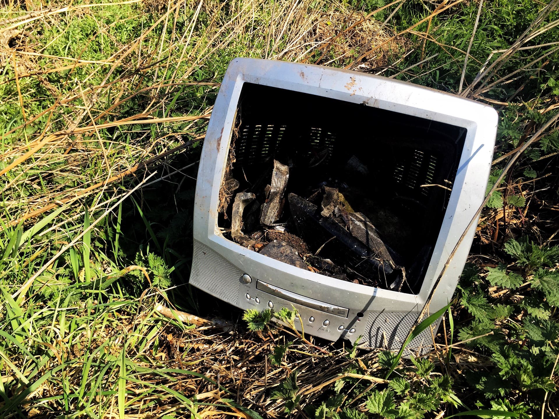 Broken old fashioned TV in the grass