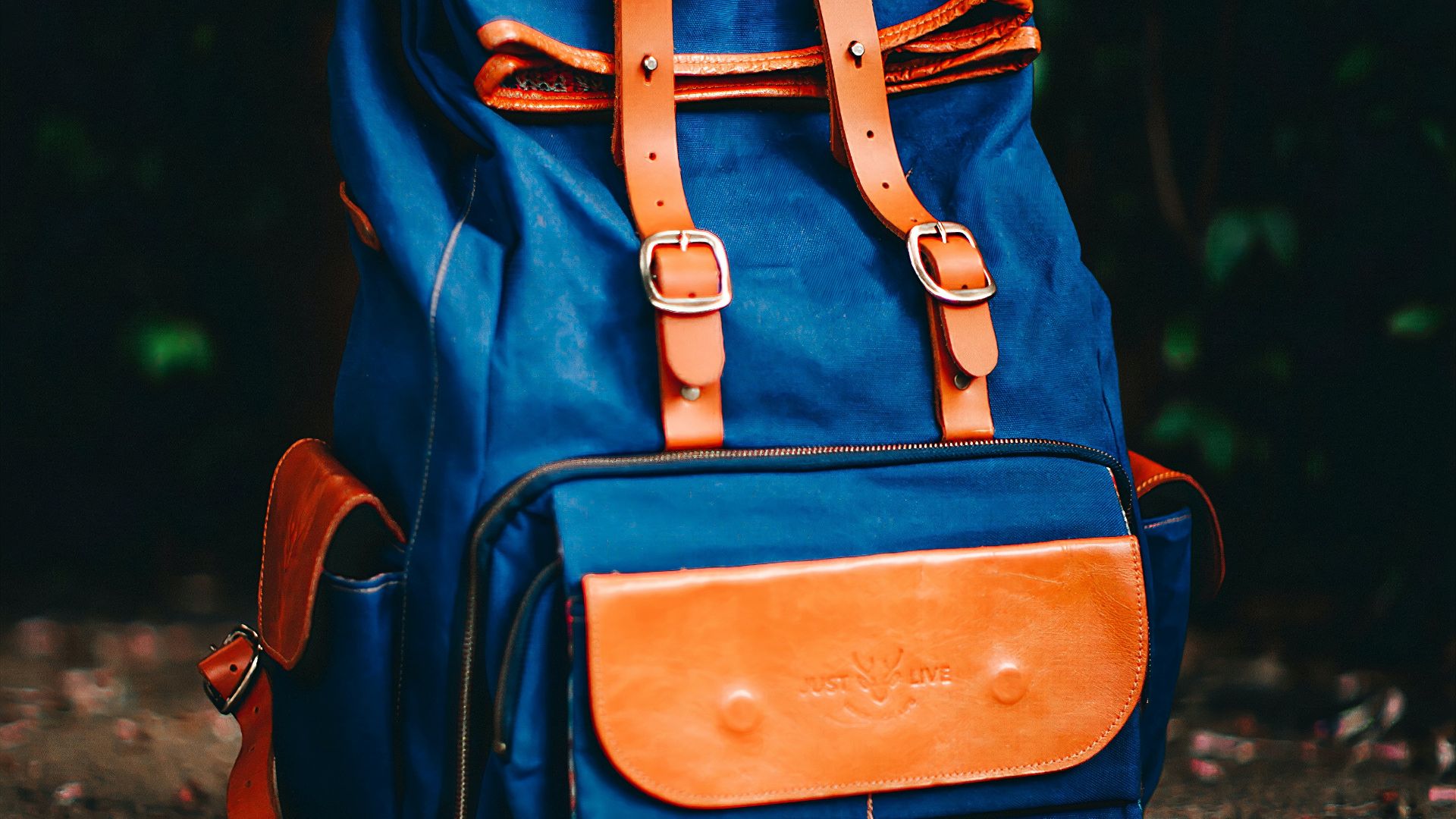 Blue rucksack with brown straps