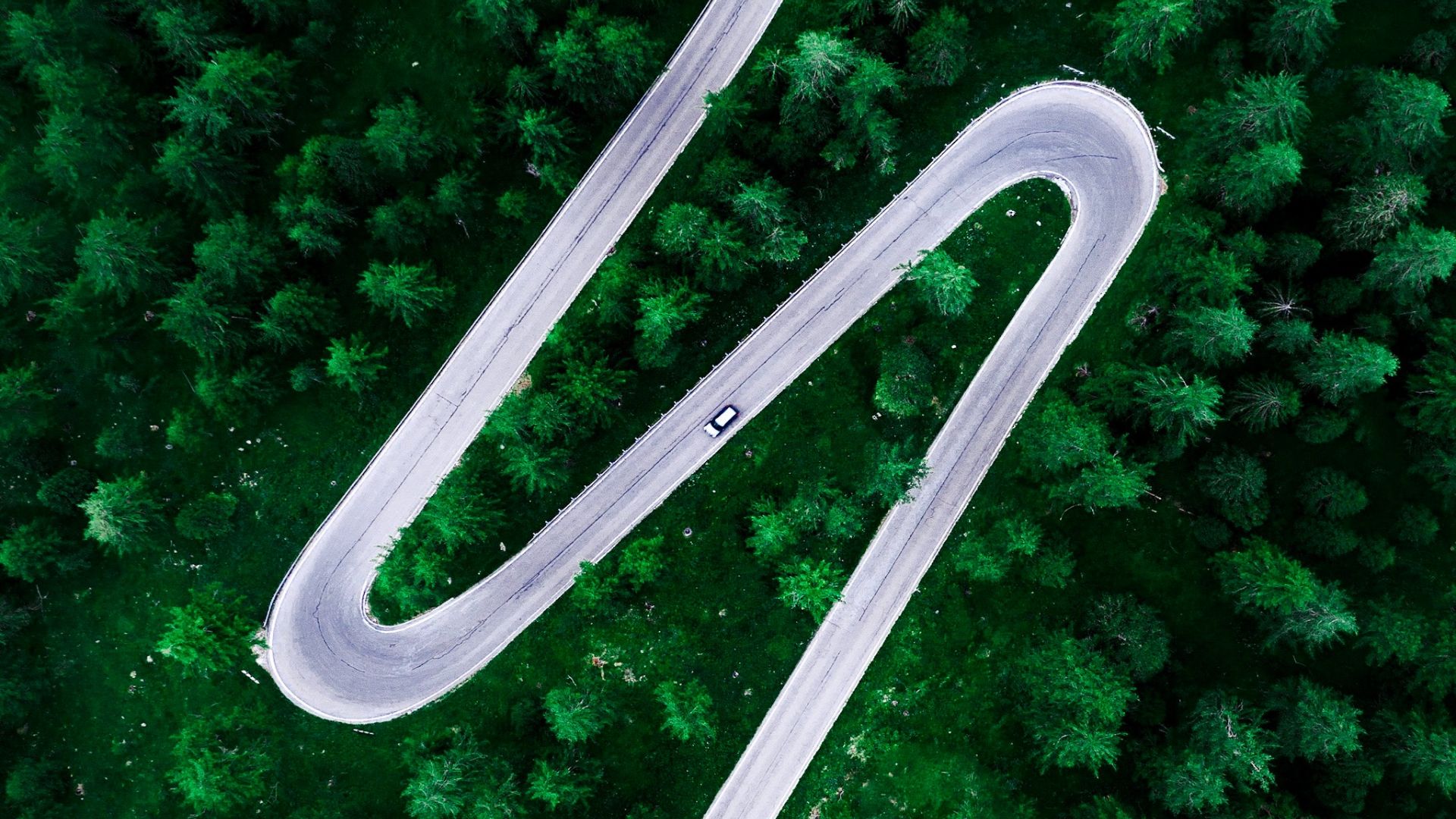 Road winding through a forest with an aerial view of a car