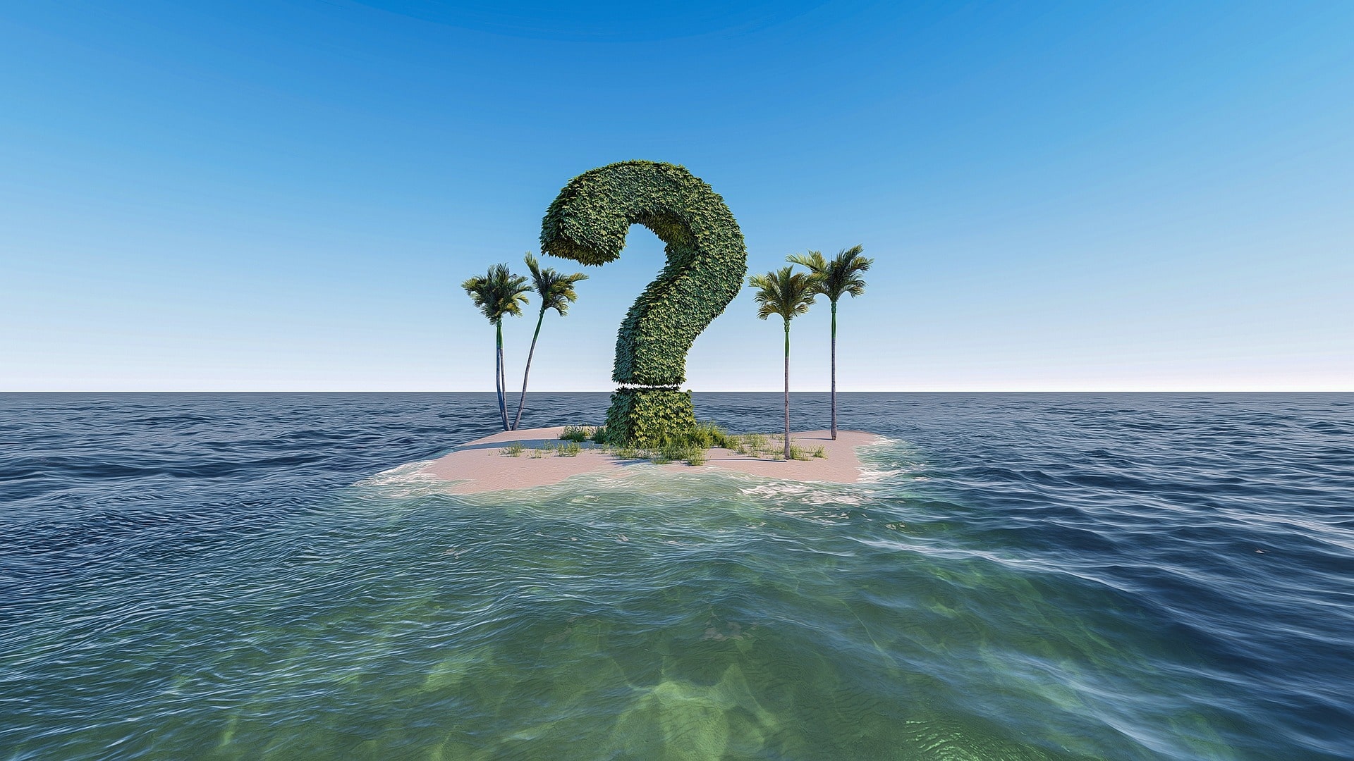 Tree in shape of a question mark on a desert island